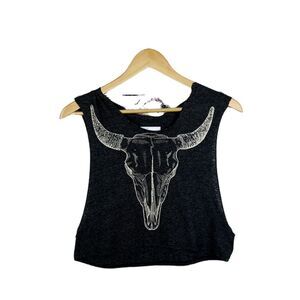 BKE Black Crop Top with White Bull Skull Design